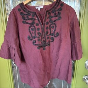 Rsvp By Talbots Cotton Silk Red Burgundy V Neck Medium Cape Sleeve Blouse